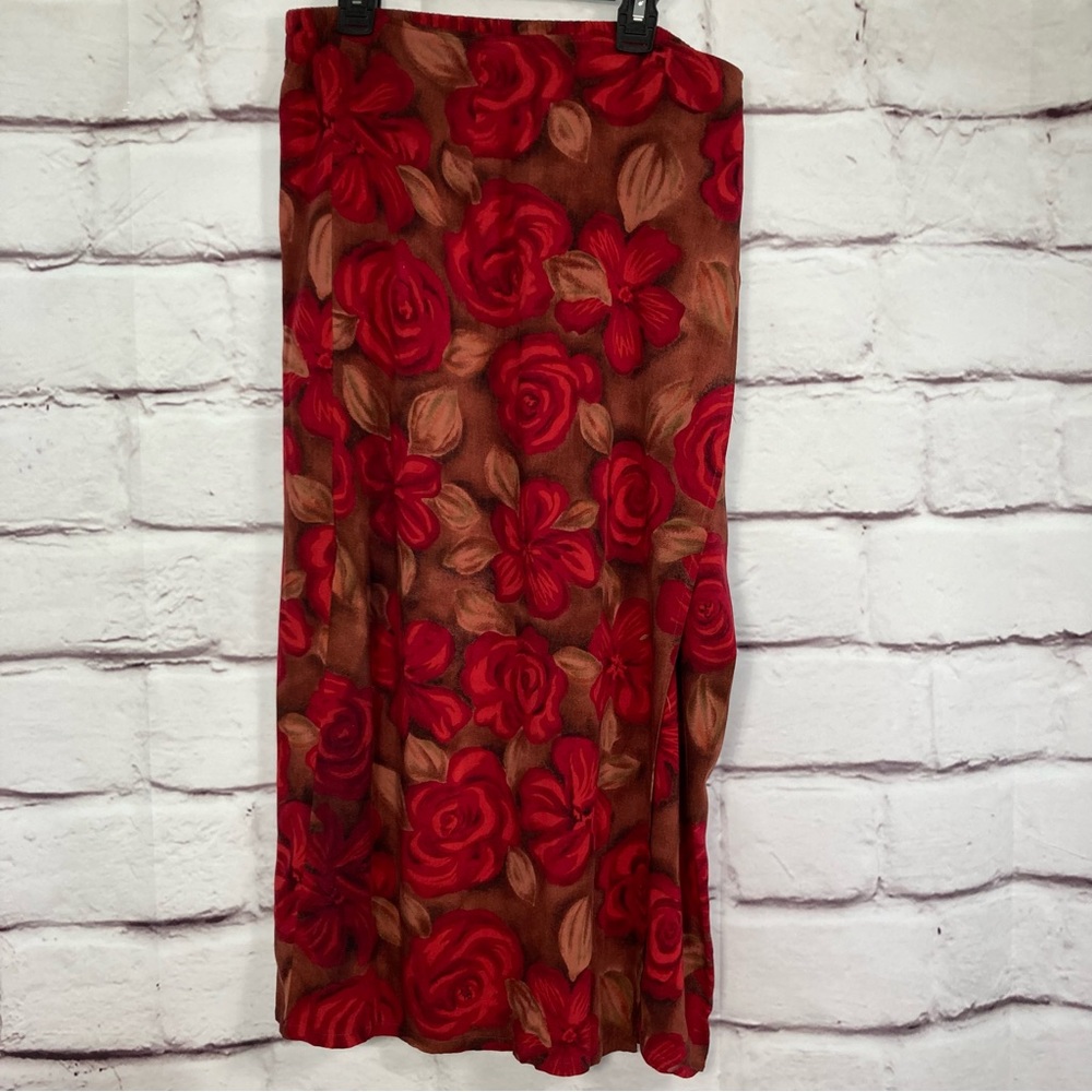 Sag Harbor Petite Red Roses Brown Long Skirt Faux Wrap Elastic Waist SZ PM EUC